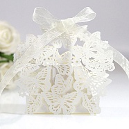 Creative Folding Wedding Candy Cardboard Boxes, Small Paper Gift Boxes, Hollow Butterfly with Ribbon, WhiteSmoke, Fold: 6.3x4x4cm(BUER-PW0001-154P)