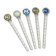 Mosaic Printed Glass Cabochons Bookmarks, Tibetan Style Alloy Bookmark Rulers, Antique Silver, 129x22mm(AJEW-JK00275-01)