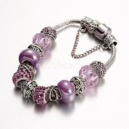 Alloy Rhinestone Bead European Bracelets, with Glass Beads and Brass Chain, Lilac, 190mm(BJEW-L602-13C)