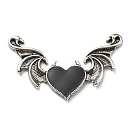 Halloween Alloy Enamel Big Pendants, Antique Silver, Devil Heart Wings Charms, Black, 32.5x54x3mm, Hole: 1.4mm & 1.2mm(PALLOY-D020-05AS-01)
