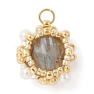 Natural Labradorite Pendants, Faceted Flat Round Charms with TOHO Round Seed Beads and Round Shell Pearl Beads Wrapped, Real 18K Gold Plated, 15x13.5x6.5mm, Hole: 2.6mm(PALLOY-MZ00170-02)
