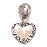 304 Stainless Steel Crystal Rhinestone European Dangle Charms, Large Hole Pendants, with Enamel, Stainless Steel Color, Heart with Footprint, Pink, 22.5mm, Hole: 4.5mm(STAS-F278-12P)