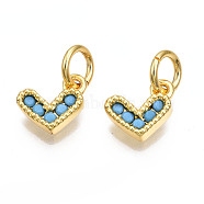 Brass Micro Pave Cubic Zirconia Charms, with Jump Ring, Heart, Real 16K Gold Plated, Nickel Free, Turquoise, 8x8x2mm, Jump Ring: 5x1mm, 3mm inner diameter(KK-N227-33G-01-NF)