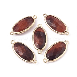 Natural Tiger Eye Links connectors, with Brass Findings, Faceted, Oval, Golden, 28~28.5x12x5mm, Hole: 1.6mm(G-E526-27E)