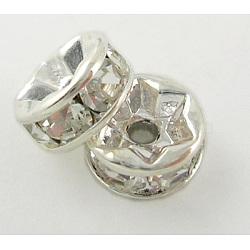 Middle East Rhinestone Spacer Beads, Clear, Brass, Silver Color Plated, Nickel Free, Size: about 5mm in diameter, 2.5mm thick, hole: 1mm(X-RSB035NF-01)