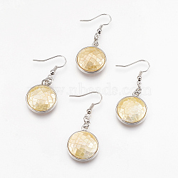 Natural Yellow Shell Dangle Earrings, with Platinum Tone Brass Findings, Flat Round, Yellow, 44mm, Pin: 0.7mm(EJEW-F162-C02)