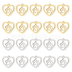 20Pcs 2 Colors 201 Stainless Steel Pendants, Heart with Dog Paw Prints, Golden & Stainless Steel Color, 15x15.5x1mm, Hole: 1.2mm, 10pcs/color(STAS-UN0045-46)