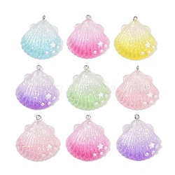Transparent Resin Pendants, with Platinum Iron Loop & Paillette, Gradient Color, Shell Shape, 35x33x8mm, Hole: 2mm(RESI-P049-02A-P)