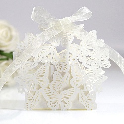 Creative Folding Wedding Candy Cardboard Boxes, Small Paper Gift Boxes, Hollow Butterfly with Ribbon, WhiteSmoke, Fold: 6.3x4x4cm(BUER-PW0001-154P)