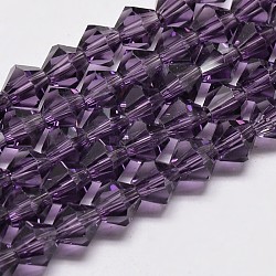 Imitate Austrian Crystal Bicone Glass Beads Strands, Grade AA, Faceted, Purple, 5x5mm, Hole: 1mm, about 55pcs/strand, 26cm(GLAA-F029-5x5mm-04)