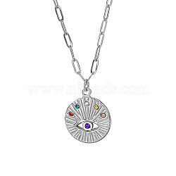 Stainless Steel Rhinestone Flat Round with Eye Pendant Necklaces, Paperclip Chain Necklace for Women, Stainless Steel Color, 17-3/4 inch(45cm)(LS9934-2)