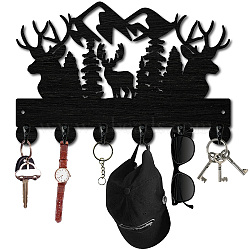 Black Wood & Iron Wall Mounted Hook Hangers, Decorative Organizer Rack, with 2Pcs Screws & 1Pc Screwdriver, 6 Hooks for Bag Clothes Key Scarf Hanging Holder, Deer, 300x200x7mm, Hole: 5mm(DIY-WH0601-005)