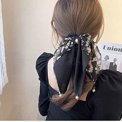 Flower Pattern Polyester Elastic Hair Accessories, for Girls or Women, with Plastic Imitation Pearl Bead, Scrunchie/Scrunchy Hair Ties with Long Tail, Knotted Bow Hair Scarf, Black, 210mm(OHAR-PW0007-16A)