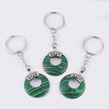 Synthetic Malachite Keychain, with Platinum Plated Iron Key Rings and Brass Findings, Flat Round, 84mm