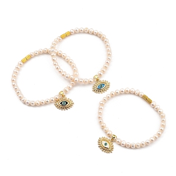 Brass Enamel Charm Bracelets, with Natural Pearl Beads, Glass Beads and Brass Screw Clasps, Eye, Golden, Mixed Color, 19.5cm(7-5/8 inch)