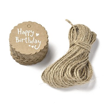 Kraft Paper Gift Tags, Hang Tags, with Jute Twine, Flat Round with Lacework, Birthday Themed Pattern, 4.5x0.05cm, Hole: 5mm, 50pcs