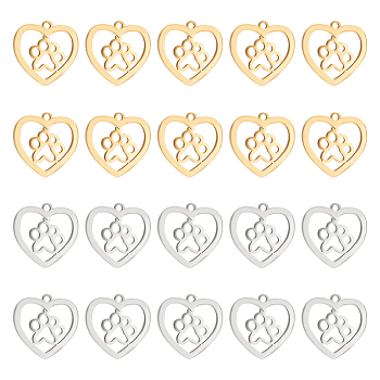 20Pcs 2 Colors 201 Stainless Steel Pendants, Heart with Dog Paw Prints, Golden & Stainless Steel Color, 15x15.5x1mm, Hole: 1.2mm, 10pcs/color