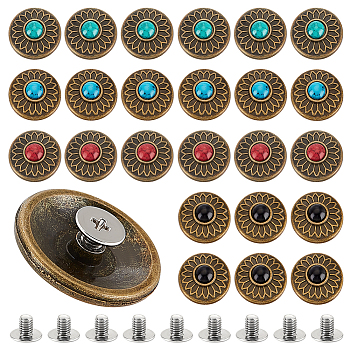 24Pcs 4 Colors Alloy Buttons, with Imitation Synthetic Turquoise & Screw, for Purse, Bags, Leather Crafts Decoration, Flat Round with Flower, Mixed Color, 20x7mm, Hole: 2.5mm, 6pcs/color