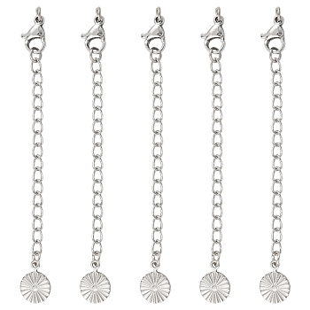 5Pcs 304 Stainless Steel Curb Chain Extender, End Chains with Lobster Claw Clasps and Sun Chain Tabs, Stainless Steel Color, 68mm