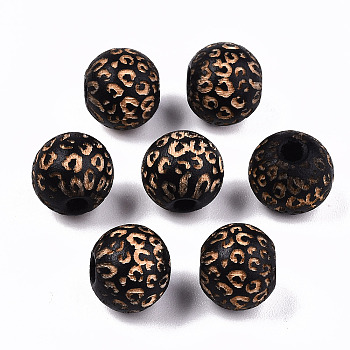 Painted Natural Wood Beads, Laser Engraved Pattern, Round with Leopard Print, Black, 10x8.5mm, Hole: 2.5mm