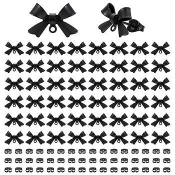25 Pairs 304 Stainless Steel Bowknot Stud Earring Findings, with Loop, Black, 10x15mm, Hole: 1.2mm, Pin: 0.7mm