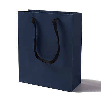 Kraft Paper Bags, with Ribbon Handles, Gift Bags, Shopping Bags, Rectangle, Prussian Blue, 28x23x9.7cm; Fold: 28x23x0.4cm