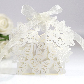 Creative Folding Wedding Candy Cardboard Boxes, Small Paper Gift Boxes, Hollow Butterfly with Ribbon, WhiteSmoke, Fold: 6.3x4x4cm
