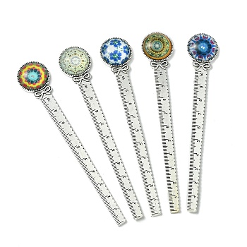 Mosaic Printed Glass Cabochons Bookmarks, Tibetan Style Alloy Bookmark Rulers, Antique Silver, 129x22mm