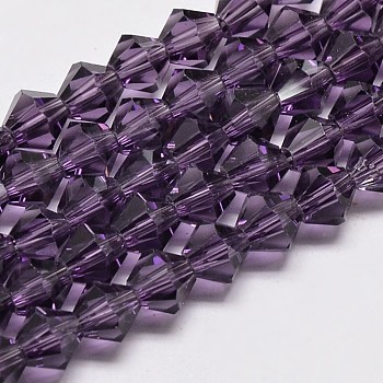 Imitate Austrian Crystal Bicone Glass Beads Strands, Grade AA, Faceted, Purple, 5x5mm, Hole: 1mm, about 59pcs/strand, 11 inch