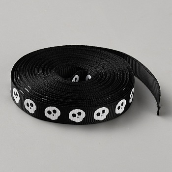 Halloween Polyester Ribbons, Costume Accessories, Skull, 3/8 inch(10mm), about 5.00 Yards(4.57m)/Roll