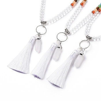 Natural Quartz Crystal Bullet & Tassel Pendant Necklace with Mixed Gemstone Beaded Chains, Chakra Yoga Jewelry for Women, 25.98 inch(66cm)