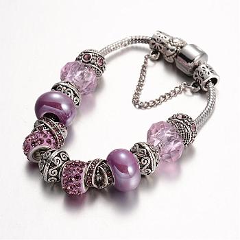 Alloy Rhinestone Bead European Bracelets, with Glass Beads and Brass Chain, Lilac, 190mm