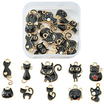 20Pcs 10 Styles Alloy Enamel Charms, Cat Shape, Light Gold, Black, 11.5~24.5x11.5~20x1.5~3mm, Hole: 1.4~2mm, 2pcs/style