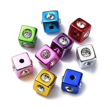 UV Plating Acrylic Beads, with Rhinestone, Cube, Mixed Color, 14x17x17mm, Hole: 3.7mm