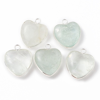 Natural Green Fluorite Pendants, with Silver Color Plated Brass Findings, Heart Charms, 18~19x15~17x7~10mm, Hole: 2mm