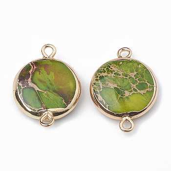 Electroplate Natural Regalite/Imperial Jasper/Sea Sediment Jasper Links connectors, with Alloy Findings, Flat Round, Lawn Green, 21~25x13~15x4~5mm, Hole: 2mm