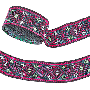 Ethnic Style Rhombus Pattern Polyester Ribbon, Clothing Accessories, Deep Pink, 1-1/4 inch(33mm), about 7.66 Yards(7m)/pc