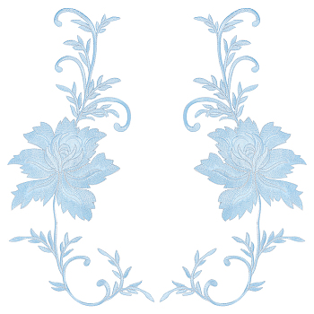 Peony Polyester Embroidery Ornament Accessories, Applique Patch, Sewing Craft Decoration for Chinese Style Cheongsam, Light Blue, 460x155x1mm