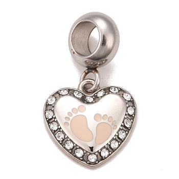 304 Stainless Steel Crystal Rhinestone European Dangle Charms, Large Hole Pendants, with Enamel, Stainless Steel Color, Heart with Footprint, Pink, 22.5mm, Hole: 4.5mm