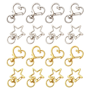 20Pcs 4 Styles Heart/Star Alloy Swivel Clasps, Lanyard Push Gate Snap Clasps, Platinum & Golden, 34~35x24x6mm, Hole: 9x5mm, 5pcs/styles