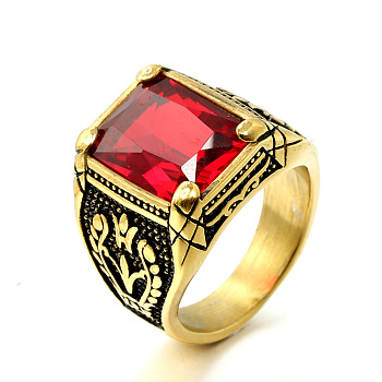 316L Stainless Steel & Cubic Zirconia Men's Vintage Carved Finger Rings, Square, Gothic Statement Rings, Antique Golden, Red, US Size 10(19.8mm)