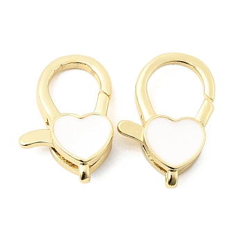 Heart Brass Enamel Lobster Claw Clasps, Lead Free & Cadmium Free, Long-Lasting Plated, Rack Plating, Real 18K Gold Plated, White, 20x14x5.5mm, Hole: 1.5mm