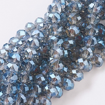 Electroplate Glass Beads Strands, Faceted Rondelle, Blue, 10x8mm, Hole: 1mm, about 63~65pcs/strand, 19.2~20 inch(48~50cm)