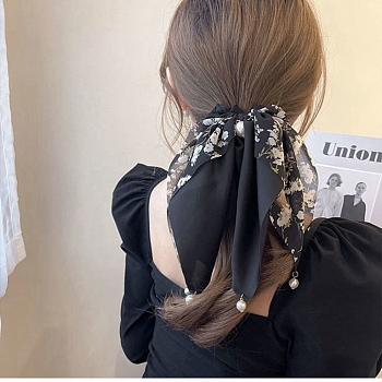 Flower Pattern Polyester Elastic Hair Accessories, for Girls or Women, with Plastic Imitation Pearl Bead, Scrunchie/Scrunchy Hair Ties with Long Tail, Knotted Bow Hair Scarf, Black, 210mm