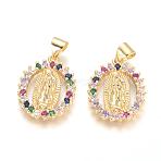 Brass Micro Pave Cubic Zirconia Pendants, Lady of Guadalupe Charms, Long-Lasting Plated, Oval with Virgin Mary, Golden, Colorful, 20x15x2.5mm, Hole: 5x3mm(KK-I657-32G-A)