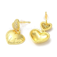 Clear Cubic Zirconia Heart Dangle Stud Earrings, Rack Plating Brass Jewelry, Real 18K Gold Plated, 22.5x15mm(EJEW-Q766-15G)