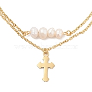 304 Stainless Steel & Plastic Imitaiton Pearl Double Layer Cross Charm Anklets for Women, Golden, Cross, 8.86 inch(22.5cm), Pendants: 19x11mm(AJEW-A059-01G-01)