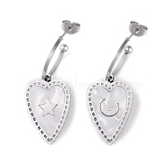 Heart 304 Stainless Steel Shell Stud Earrings, Moon & Star Pattern Dangle Earrings for Women, Stainless Steel Color, 38.5x15mm(EJEW-L283-016P)