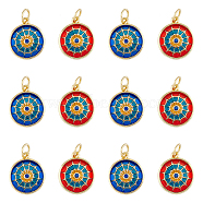12Pcs 2 Colors Flat Round Brass Micro Pave Cubic Zirconia Charms, with Jump Rings and Enamel, Real 18K Gold Plated, Mixed Color, 14x12x2mm, Hole: 3.4mm, about 6pcs/color(KK-DC0002-80)