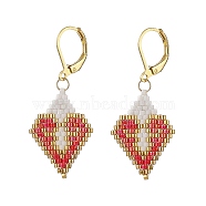 Glass Seed Braided Rhombus with Heart Dangle Leverback Earrings, 304 Stainless Steel Drop Earrings for Women, Tomato, 44mm, Pin: 0.7mm(EJEW-MZ00030-02)